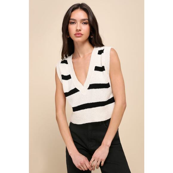 Free People Sweaters - Free People Santa Monica Black and White Striped Knit Sweater Vest